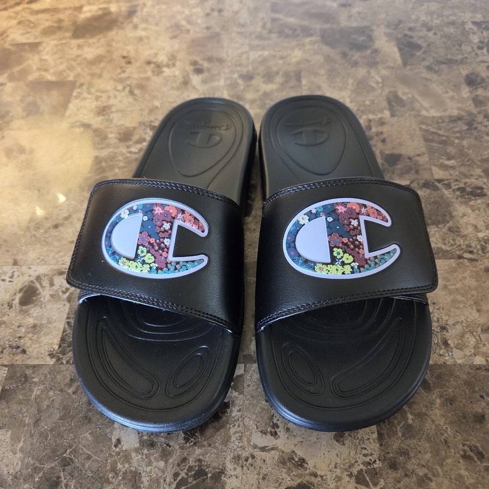 Champion Mega slide sandals women's sz 7 adjustable strap black floral C sporty
